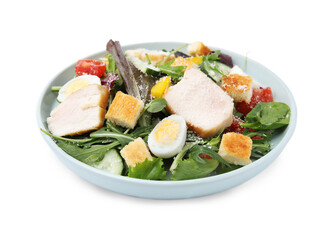 Delicious salad with croutons, chicken and eggs isolated on white