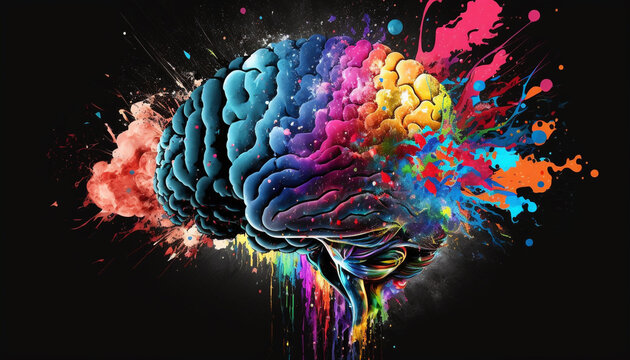 A brain bursting out in colorful particles of creativity 