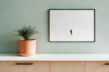 Within a sleek modern interior, an AI-generated illustration is presented in a black frame with warm undertones on a wooden counter