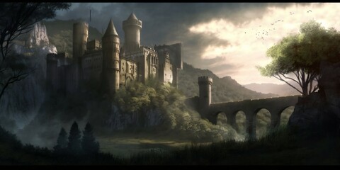 Fototapeta medieval castle with bridge on a wooded mountain obraz