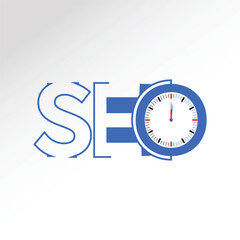 SEO (search engine optimization) minimal flat line art logo with watch time, arrow and cursor symbol. multi color design. red Blue color logo. unique creative s e  o letter logo, minas space 