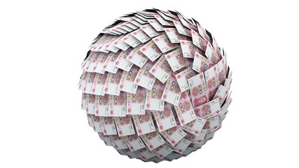 Financial snowball. Conceptual idea about having a big debt. Note of 100 yuans. China yuan. 3d rendering.