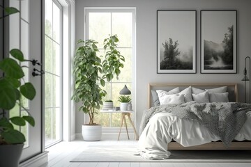 Modern white bedroom with plants - Generative AI	

