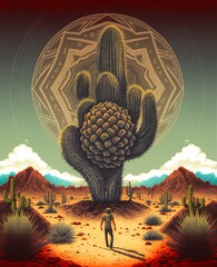 Surreal Desert Cactus with Geometric Patterns and Explorer