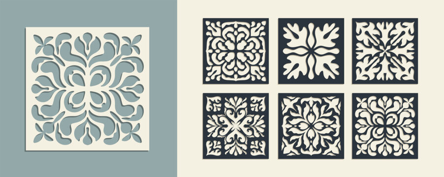 Big set of square Vintage Laser Cut pattern with baroque ornament. Vector Stencil Template for cnc cutting, decorative panels of wood, metal, paper, plastic