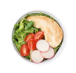 Delicious poke bowl with meat, avocado and vegetables isolated on white, top view