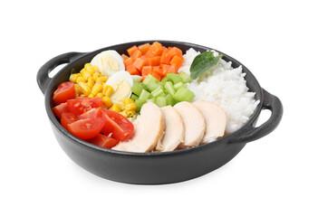Delicious poke bowl with meat, egg, rice and vegetables isolated on white
