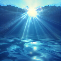 Fototapeta premium Blue underwater scene with sunlight and copy space. AI generative.
