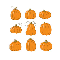 Pumpkin doodle set. Collection of cute cartoon pumpkins. Autumn Harvest. Halloween and Thanksgiving elements.