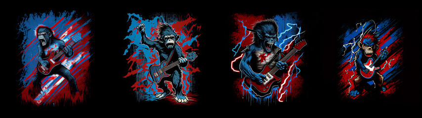 Sinister monkey with guitar. Rock concert. AI generative.