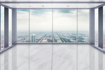 Obraz na płótnie Canvas Business and design concept empty marble floor and window with panoramic modern cityscape Generative AI