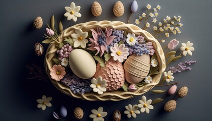 Naklejka premium Easter Basket with Eggs and Flowers. AI Generative.