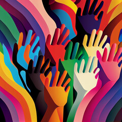 Different colorful hands. Diversity of nationalities. AI generative.
