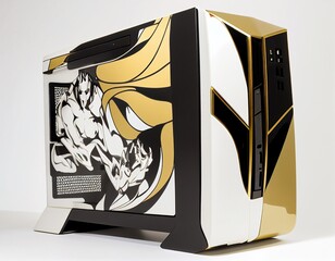 Black and gold color Gaming PC with LCD monitor keyboard and mouse and white background.  Generative AI.