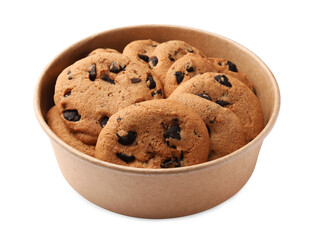 Delicious chocolate chip cookies in bowl isolated on white