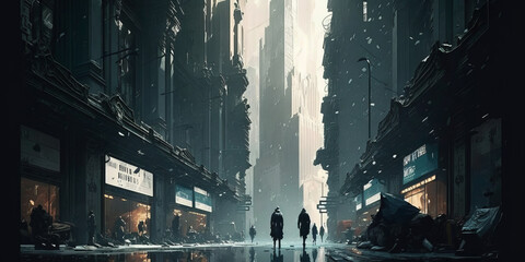 Futuristic illustration of a ultramodern city, a man walking down a street next to tall buildings, sci-fi movie poster wallpaper, 15 minute city concept. Generative AI