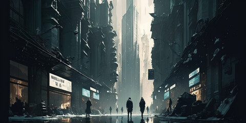 People strolling through a street near to tall buildings in a futuristic image of a modern metropolis; this sci-fi movie poster wallpaper represents the idea of a 15-minute city. Generative AI