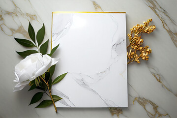 White paper laying on white and gold luxury marble. generative AI