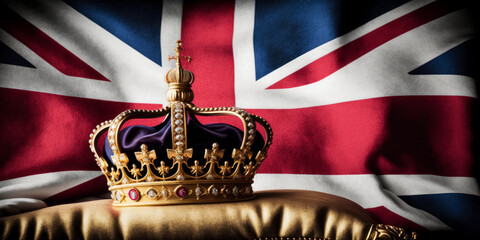 Royal golden crown with jewels on golden pillow on United Kingdom flag background. Symbols of UK United Kingdom monarchy. Generative AI	 - obrazy, fototapety, plakaty