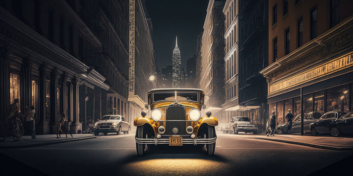 This old-fashioned digital graphic shows New York City's streets at nighttime with lights on and vintage cars and vehicles. 1920s America's vintage New York City. Conceptual wallpaper. Generative AI