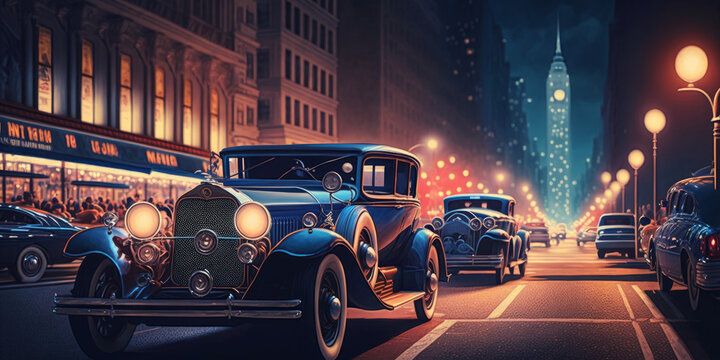 Vintage digital artwork of lighted streets in New York City at night with classic cars and vehicles. American 1920s New York City in the old school. Conceptual wall coverings. Generative AI
