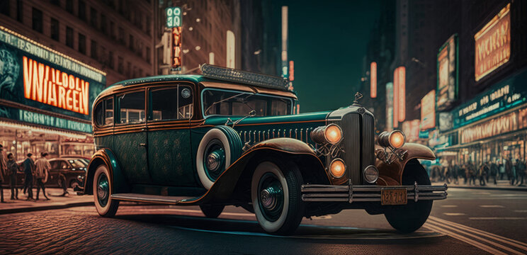 Old-fashioned digital artwork of lighted streets in New York City at night with vintage cars and vehicles. 1920s New York City, old school. wallpaper with a conceptual theme. Generative AI