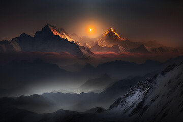 Fototapeta na wymiar View of the Himalayas sunset night ,Mt Everest visible through the fog Generative AI