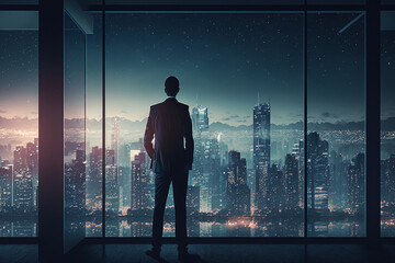 Fototapeta na wymiar Young business man standing in office watching the modern city night view Generative AI