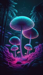 Magic mushrooms, psychdelic illustration in vibrant neon colors, line art on black, AI generative
