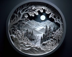 Detailed papercut design with Christmas flair that incorporates winter-themed motifs including snowflakes, icicles, evergreen trees, reindeer, and other cheery holiday symbols. Generative AI