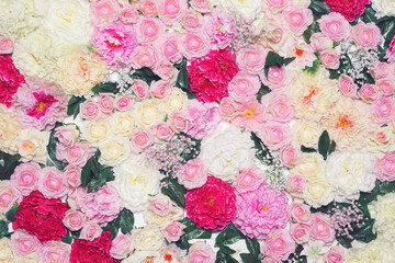 Wall with gentle pink flowers as background, decoration and floristics