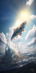 Fish jumping out of the water over breaking waves. Marine animals wallpaper. Generative AI