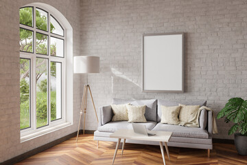 cozy living room interior in a room corner; sunlight shining trough window; floorlamp and couch table with modern laptop; canvas with copy space; home decoration concept; 3D Illustration