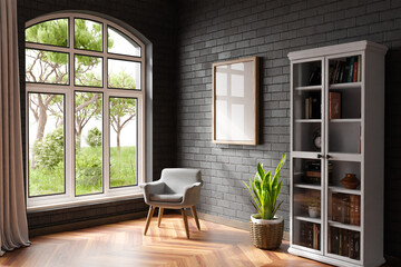 cozy living room interior with single chair in a room corner; sunlight shining trough window; canvas with copy space; home decoration concept; 3D Illustration