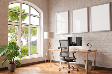 comfortable workplace with pc on wooden desk in office at home; bright sunlight from side large window and wall; canvas copy space;  remote work freelance; 3D Illustration