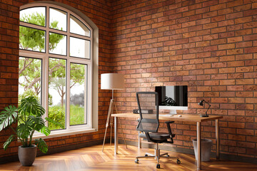 comfortable workplace with pc on wooden desk in office at home; bright sunlight from side large window and wall; canvas copy space;  remote work freelance; 3D Illustration