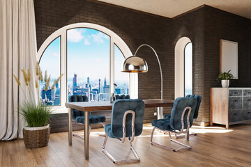 luxurious loft apartment with arched window and panoramic view over urban downtown; noble dining room interior design mock up; 3D Illustration