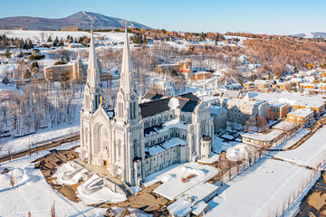 Sainte Anne de Beaupré Basilica from drone in winter
