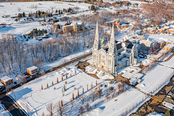 Sainte Anne de Beaupré Basilica from drone in winter