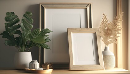 Two wooden frame mockup in home interior with decoration, living room in beige warm color. Generative AI.