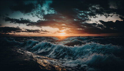 Obraz na płótnie Canvas ocean in the sun, sunset, waves, nature, beach Generative AI, Generativ, KI