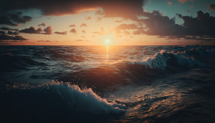Fototapeta na wymiar ocean in the sun, sunset, waves, nature, beach Generative AI, Generativ, KI