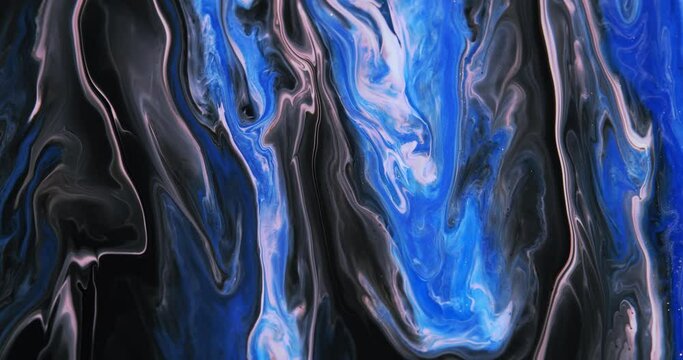 Abstract art. A moving drawing with flowing rivers of blue and white colors on a black background. Sparkling moving background.