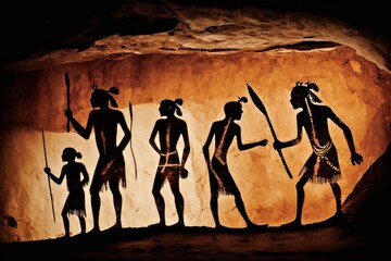 Indigenous Australian cave art depicting tribesmen on their way to the hunt, AI generated. Aboriginal Australians are the various Indigenous peoples of the Australian mainland.