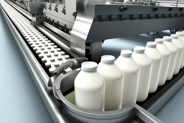 Milk factory production line beverage product at conveyor belt, AI generated