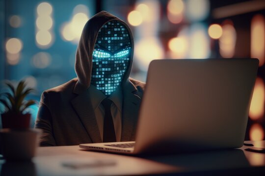 Dangerous digital hacker breaks into data server, dark atmosphere, AI generated.