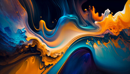 Abstract background with fluid colors in yellow and turquoise. Created with AI. - obrazy, fototapety, plakaty