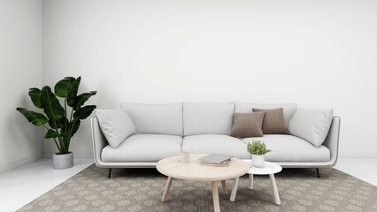 Simple living room with a white sofa, decorations and ornamental plants. 3d rendering, interior design, 3d illustration