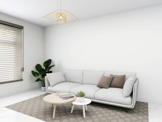 Simple living room with a white sofa, window, decorations and ornamental plants. 3d rendering, interior design, 3d illustration
