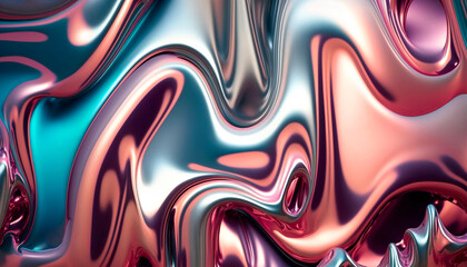 Abstract metallic chrome background in pink, blue and silver colors. Bright background. Created with AI. - obrazy, fototapety, plakaty